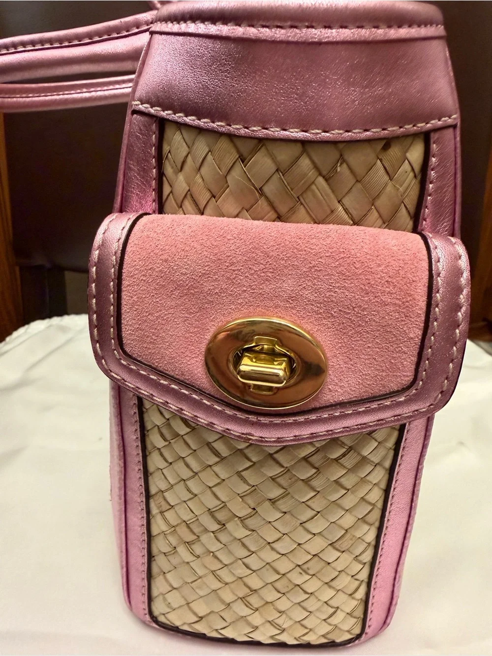 Vintage Coach Summer Satchel w/ Pink Metallic Leather, Suede & Gold Hardware